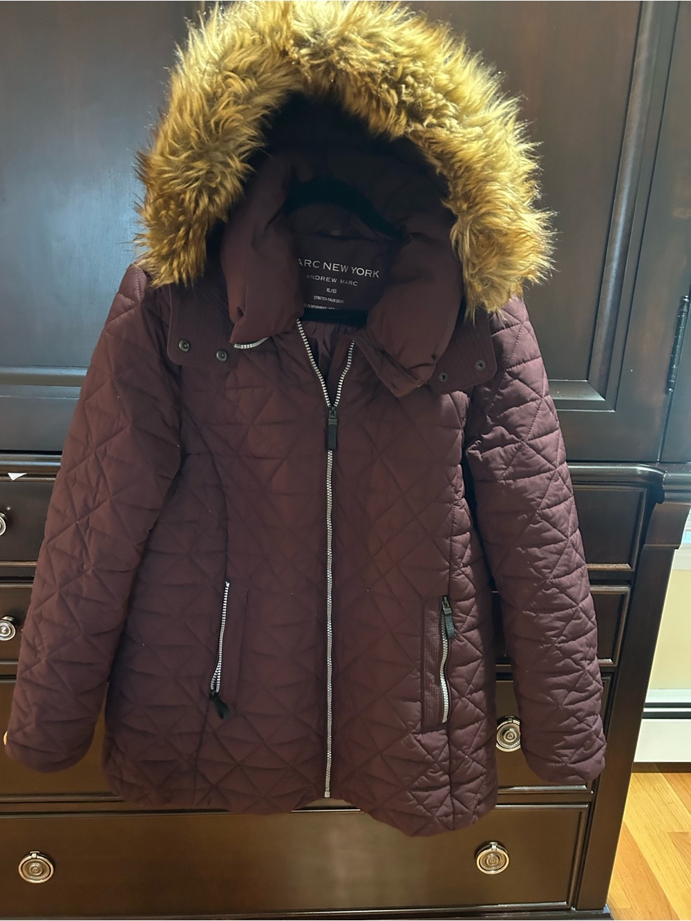 Marc New York Quilted Wine Hooded Puffer with Faux-Fur Trim